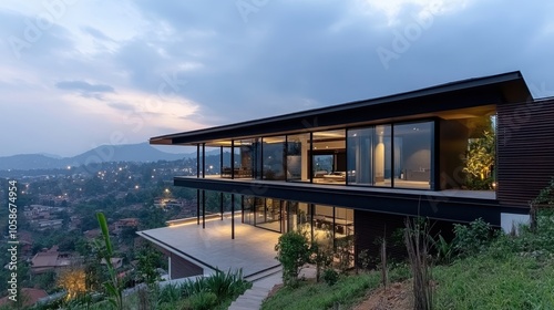 A sleek, modern house perches on a hillside, featuring expansive glass walls and open spaces, overlooking a breathtaking landscape at dusk.