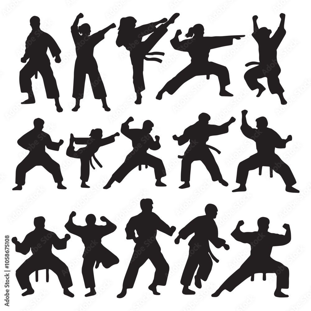 Set of silhouettes of people doing karate. Vector illustration.