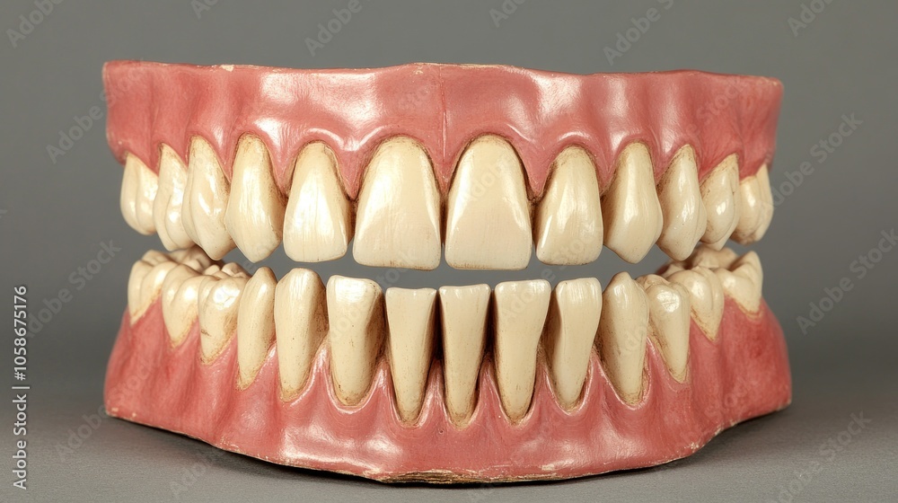Close-up of a full set of white teeth on a pink gum model against a gray background. Close-up of a full set of white teeth on a pink gum model against a gray background.