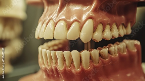 A close-up of a plastic model of human teeth, showing the upper and lower rows of teeth. photo