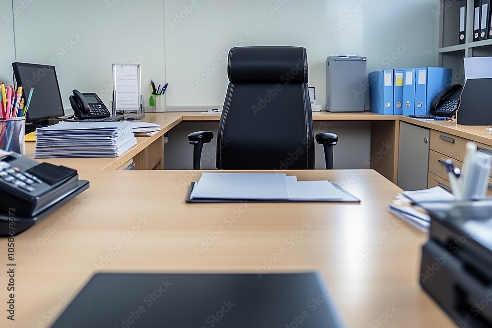 Wooden desk in a white-walled minimalist office Wooden desk in a white-walled minimalist office