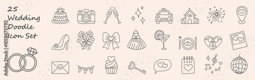 Wedding doodle icon set - star, sparkle, heart, rings, glasses, car, church, bow, dress, cake, geotag, envelope. Hand drawn vector marriage symbol on white background for decoration invitation, card.