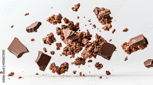 Floating chunks of milk chocolate and crunchy granola in mid-air against a light background, capturing dynamic motion and a sense of weightlessness in a freeze-frame style.
