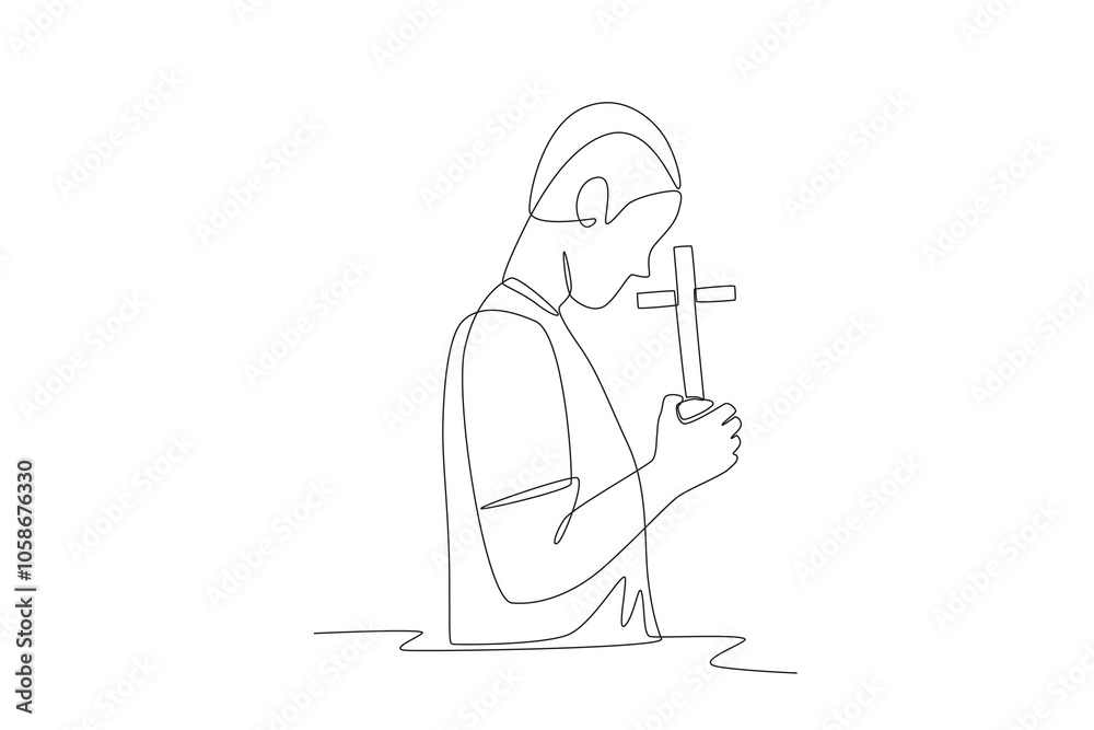 Man praying while holding a cross. Praying concept one-line drawing Man praying while holding a cross. Praying concept one-line drawing