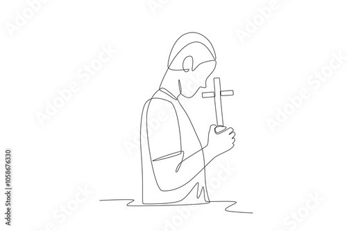 Man praying while holding a cross. Praying concept one-line drawing