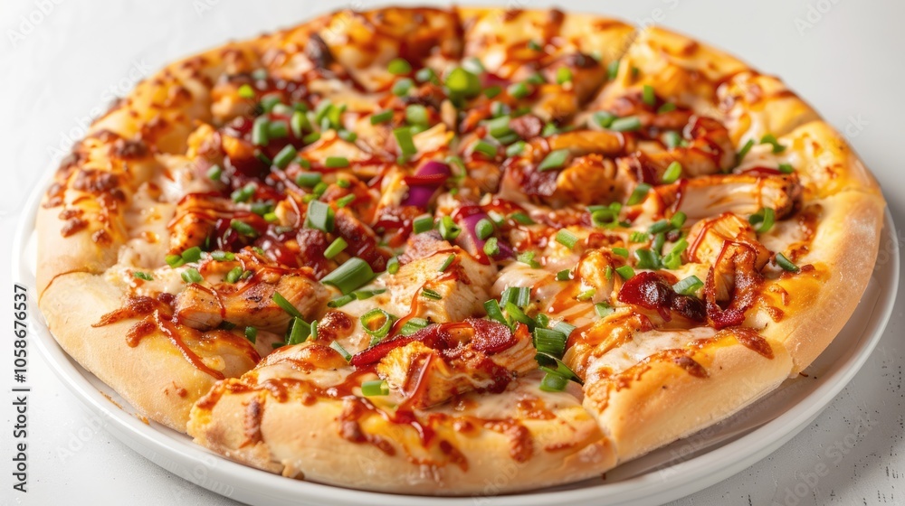 Isolated side view of Chicken BBQ Ranch pizza in a dish on grey background Isolated side view of Chicken BBQ Ranch pizza in a dish on grey background