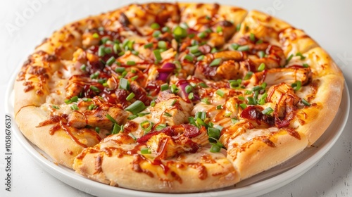 Isolated side view of Chicken BBQ Ranch pizza in a dish on grey background