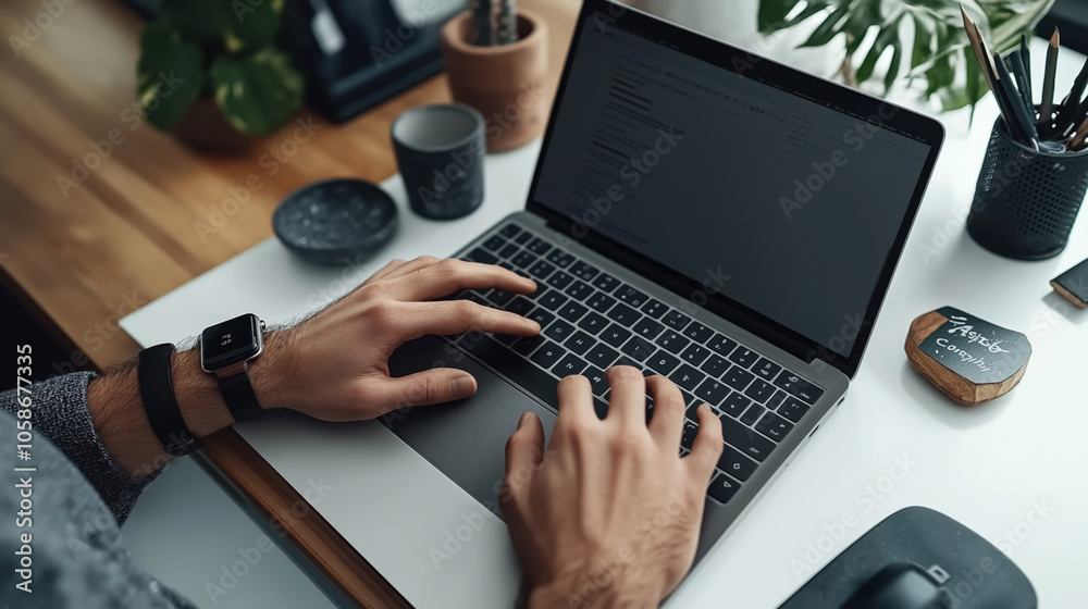 Person typing on a laptop keyboard at a modern desk with a smartwatch on their wrist. The desk includes a potted plant, coffee mug, stationery holder, and decorative items. Person typing on a laptop keyboard at a modern desk with a smartwatch on their wrist. The desk includes a potted plant, coffee mug, stationery holder, and decorative items.