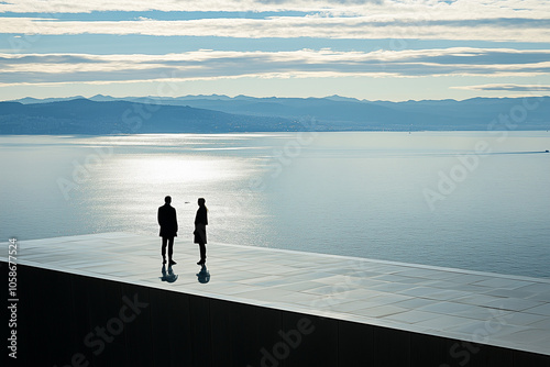 Couples standing on a small cruise deck with the vast ocean stretching out in the background, with copy space. Soft, natural lighting.