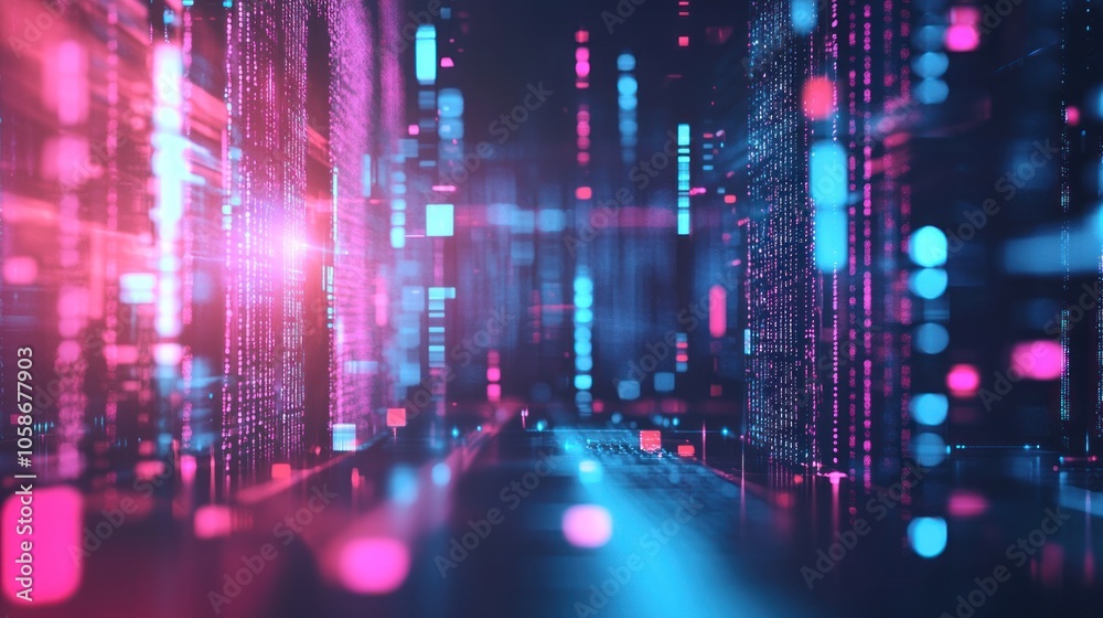 Fototapeta premium Abstract digital background with pink and blue lights and data streams.