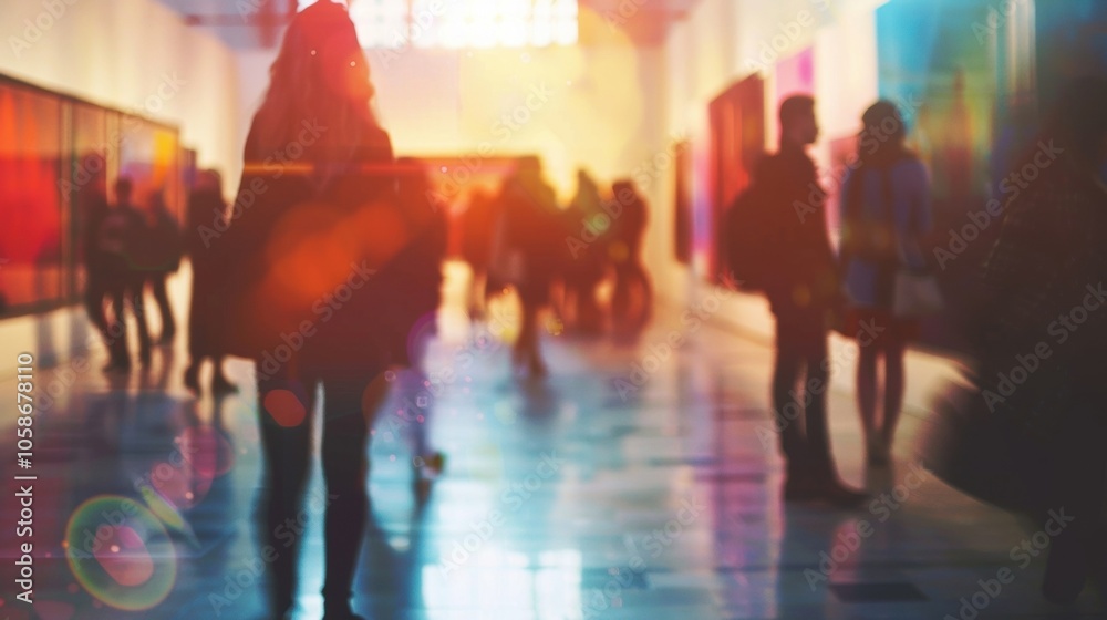 A hazy gallery scene with s of people admiring the photos on display. A hazy gallery scene with s of people admiring the photos on display.