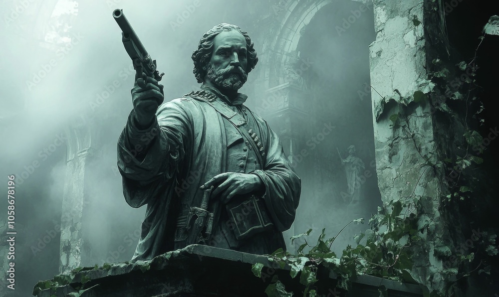 Statue of a man with a pistol in a misty Statue of a man with a pistol in a misty