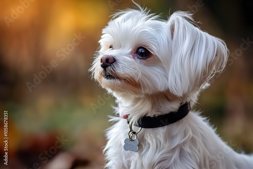 Maltese adult dog, elegant with long, silky white coat, standing confidently, gentle and sweet expression