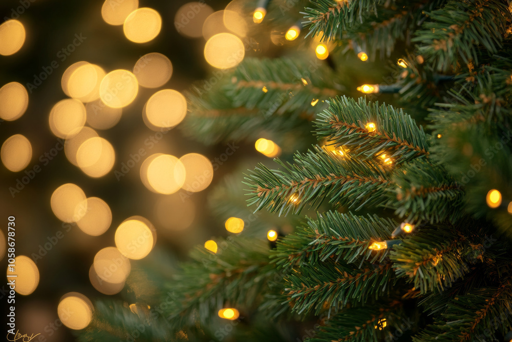 A Christmas tree decorated with a garland. Blurred background, bokeh. A Christmas tree decorated with a garland. Blurred background, bokeh.
