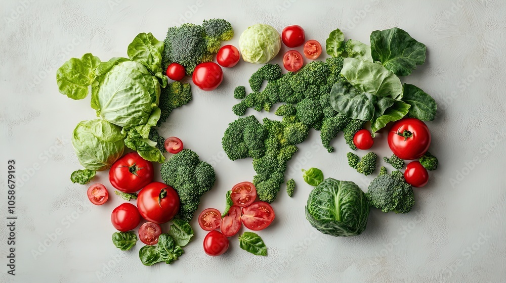 Vibrant World Map of Fresh Vegetables: Artistic Broccoli, Tomatoes, and Leafy Greens on Light Gray Background - Perfect for a Sporty Interior Poster or Healthy Eating Inspiration! Vibrant World Map of Fresh Vegetables: Artistic Broccoli, Tomatoes, and Leafy Greens on Light Gray Background - Perfect for a Sporty Interior Poster or Healthy Eating Inspiration!