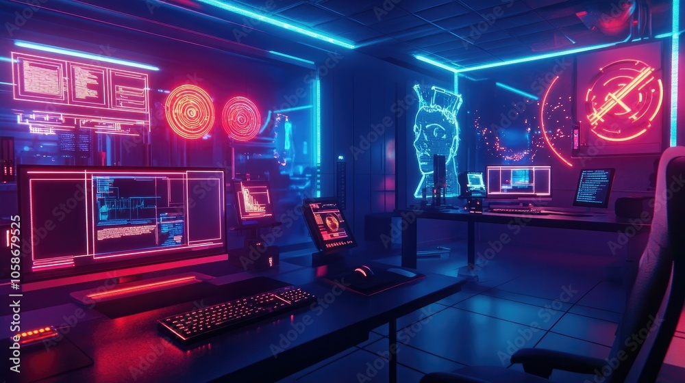 Brain-computer interface with neon lights in a high-tech lab, depicting advanced mind-machine interface. Brain-computer interface with neon lights in a high-tech lab, depicting advanced mind-machine interface.