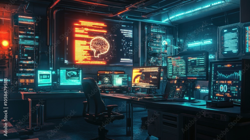 Brain-computer interface with neon lights in a high-tech lab, depicting advanced mind-machine interface. Brain-computer interface with neon lights in a high-tech lab, depicting advanced mind-machine interface.