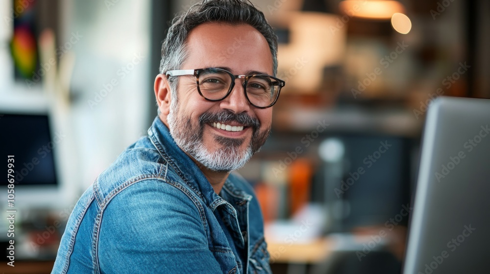 A Photograph of a clean shaven middle age smiling with big glasses man holding a computer A Photograph of a clean shaven middle age smiling with big glasses man holding a computer