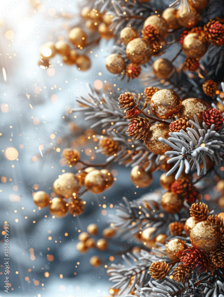 Festive Winter Wonderland with Berry and Pine Accents Background, Card or Backdrop
