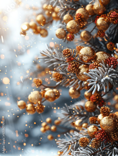 Obraz na płótnie Festive Winter Wonderland with Berry and Pine Accents Background, Card or Backdrop w salonie