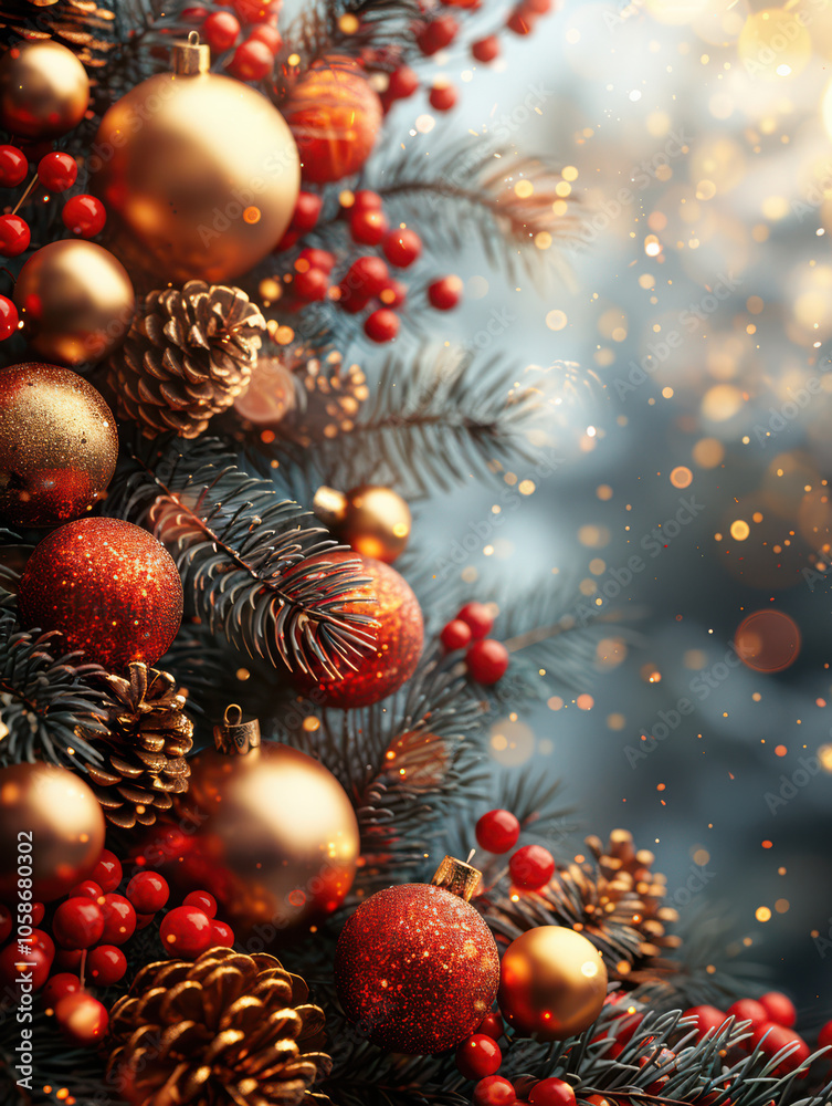 Festive Winter Wonderland with Berry and Pine Accents Background, Card or Backdrop