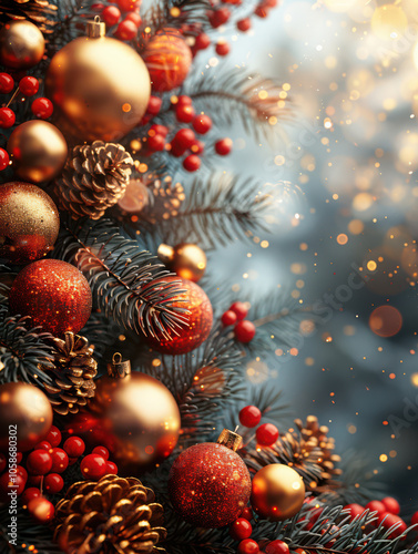 Obraz na płótnie Festive Winter Wonderland with Berry and Pine Accents Background, Card or Backdrop w salonie