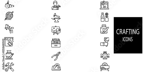 Crafting 18 icons set.Crafting icon collection.Containing carving, wood carving, star, crafts, rolling pin, paper crafts, clay crafting, craft, miner, anvil, scissors, pottery.Vector illustration.