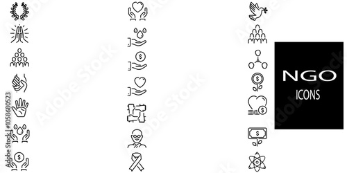 NGO simple concept 21 icons set. Contains such Donation, nonprofit organization, NGO, giving help,donating money, volunteer community .Vector illustration.