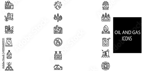 Oil and gas concept 24 icons set. Containing gas cylinder, jerrycan, valve, oil tank, storage tank, pipe, petroleum, factory, refinery, truck and more .Vector illustration.