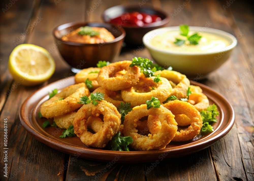 Crispy Fried Calamari Rings with Dipping Sauces and Fresh Garnishes for Gourmet Food Photography Crispy Fried Calamari Rings with Dipping Sauces and Fresh Garnishes for Gourmet Food Photography