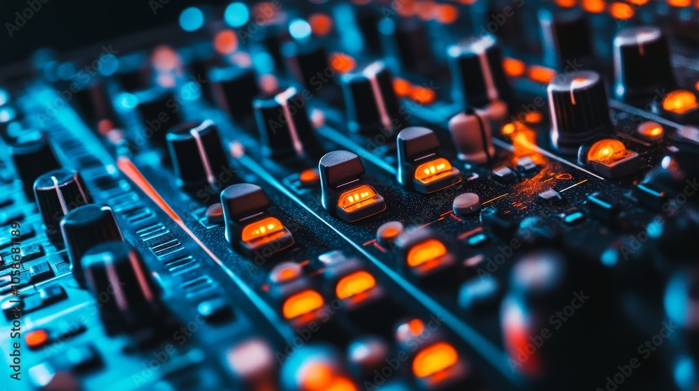 Audio Mixer Board Close Up with Lighted Knobs and Meters Audio Mixer Board Close Up with Lighted Knobs and Meters