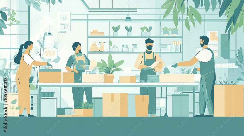 Factory workers handling sustainable materials, emphasizing reduced emissions and green practices.