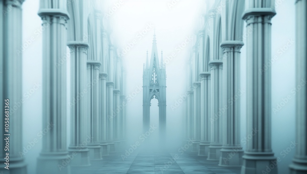 A foggy path lined with white columns leads to a tall gothic structure in the distance. A foggy path lined with white columns leads to a tall gothic structure in the distance.