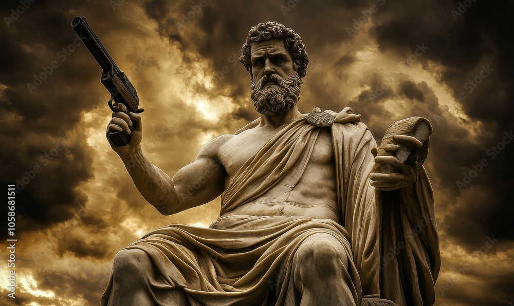 Obraz premium A statue holding a gun and bread.