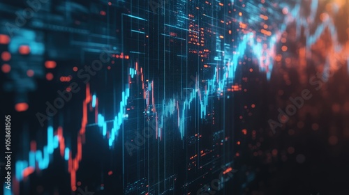 Financial graph with a sharply rising blue arrow, reflecting upward trends, dark tones and high detail.