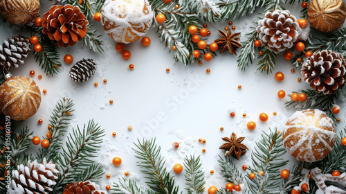 Obraz na płótnie Festive Winter Wonderland with Berry and Pine Accents Background, Card or Backdrop w salonie