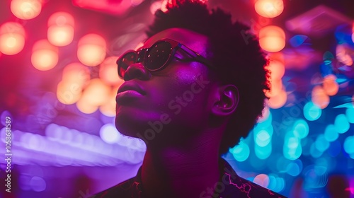 Afro-American male in a nightclub wearing sunglasses.