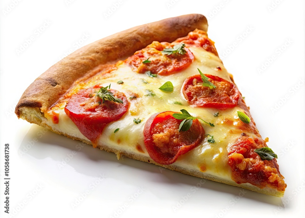 Delicious Italian Pizza Slice on Isolated White Background - Cheesy Topping and Fresh Ingredients for Food Photography Delicious Italian Pizza Slice on Isolated White Background - Cheesy Topping and Fresh Ingredients for Food Photography
