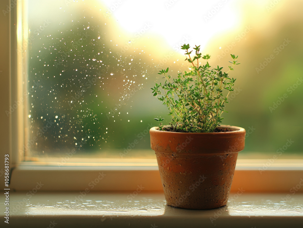 Tiny Thyme Plant in a Serene Shot Tiny Thyme Plant in a Serene Shot