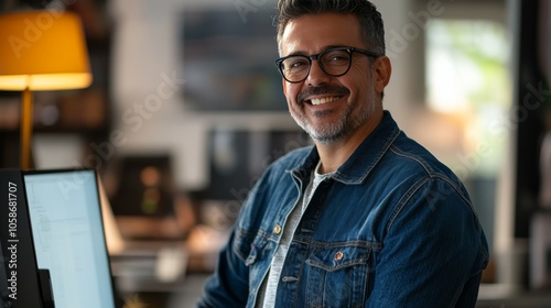 A Photograph of a clean shaven middle age smiling with big glasses man holding a computer