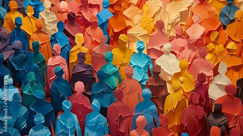 The banner background of a colorful crowd of people made of cut-out paper represents a dense mob gathered at a public event