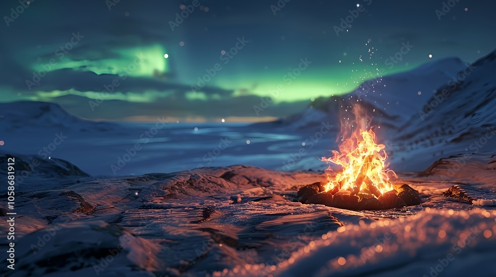 Fototapeta premium Campfire with aurora lights in snowy landscape