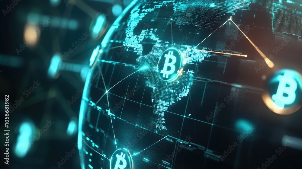 Glowing cryptocurrency network linking different nations on a 3D globe, emphasizing global trade. Glowing cryptocurrency network linking different nations on a 3D globe, emphasizing global trade.