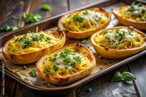 Deliciously Stuffed Spaghetti Squash Halves with Noodles, Cheese, and Herbs on a Metal Baking Sheet