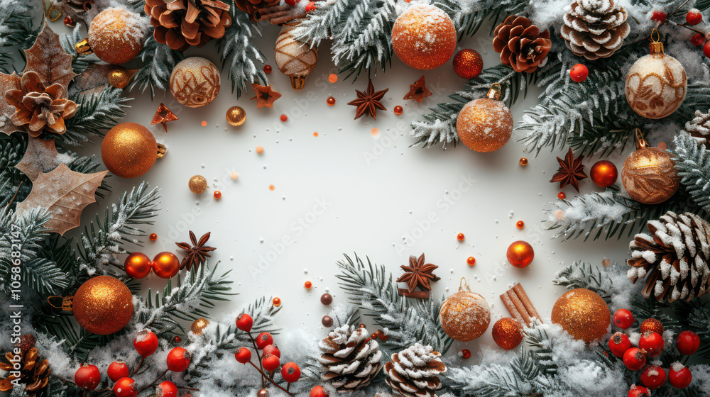 Festive Winter Wonderland with Berry and Pine Accents Background, Card or Backdrop