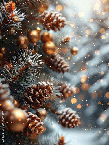 Obraz na płótnie Festive Winter Wonderland with Berry and Pine Accents Background, Card or Backdrop w salonie