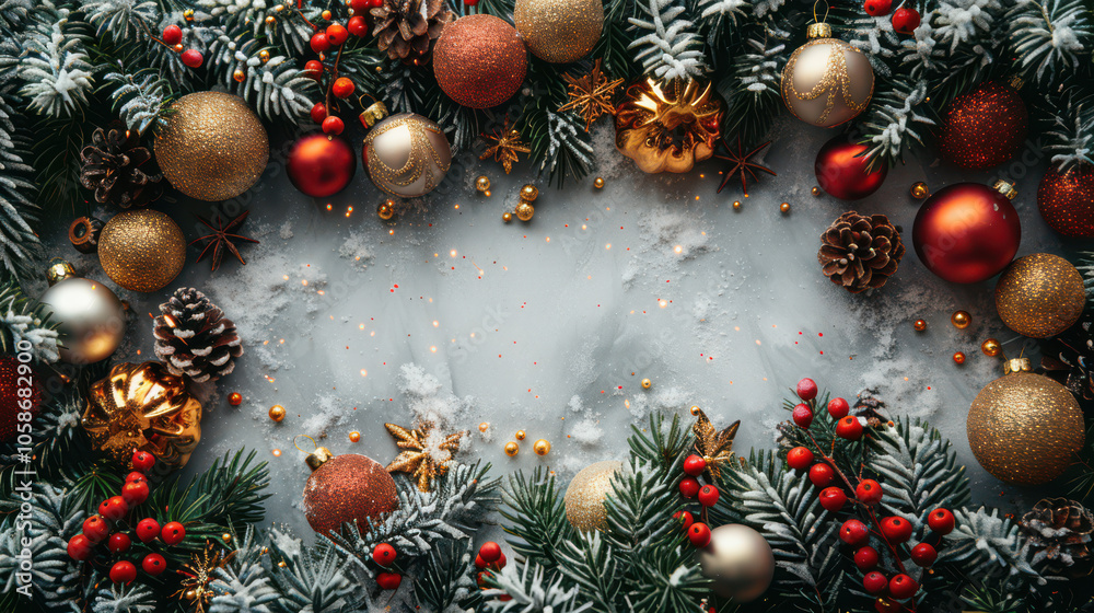 Festive Winter Wonderland with Berry and Pine Accents Background, Card or Backdrop
