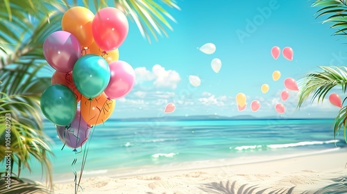 Summer party background with balloons on a beautiful beach