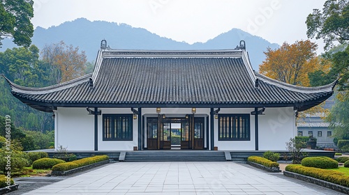 Traditional Chinese Architecture with Platform, Road, and Parking Area on Brick Surface for Automotive Advertisement Featuring Blank Background photo