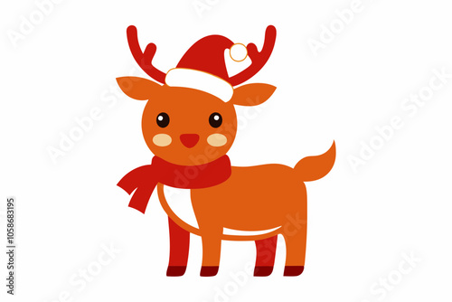 Vector of A cute Reindeer wearing a Santa clause hat and scarf with Outline on white background.